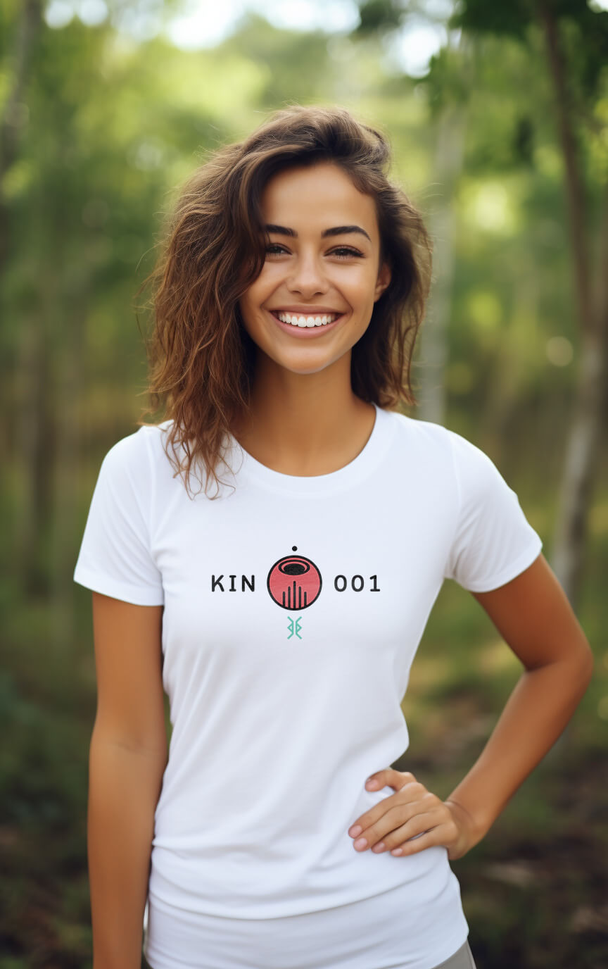 Camisa Feminina Branca Kin 001 - Dragão Magnético Vermelho - Kin 01 - Kin 1