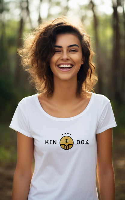 Modelo Humano Camisa Branca - Camisa Feminina Kin 004 - Semente Autoexistente Amarela - Kin 04 - Kin 4