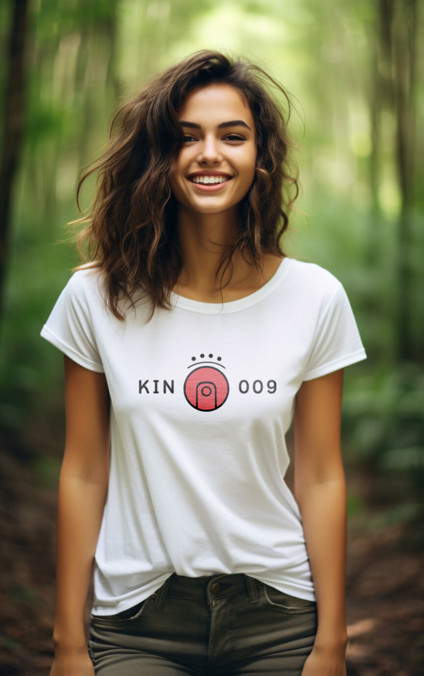 Modelo Humano Camisa Branca - Camisa Feminina Kin 009 - Lua Solar Vermelha - Kin 09 - Kin 9