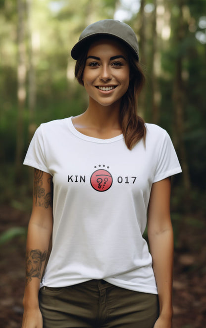 Modelo Humano Camisa Branca - Camisa Feminina Kin 017 - Terra Autoexistente Vermelha - Kin 17