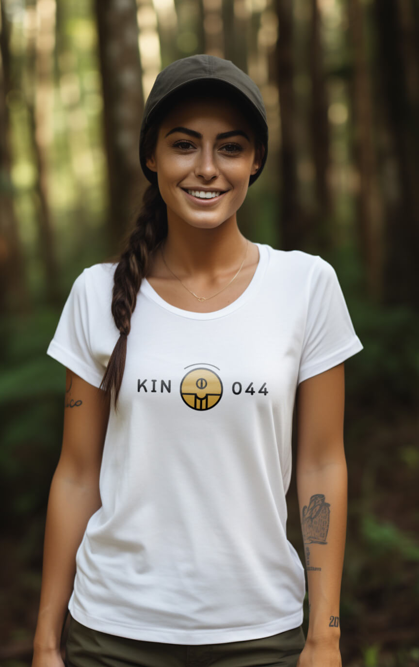 Camisa Feminina Branca Kin 044 - Semente Harmônica Amarela - Kin 44