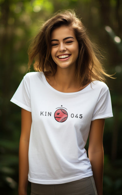 Camisa Feminina Branca Kin 045 - Serpente Rítmica Vermelha - Kin 45