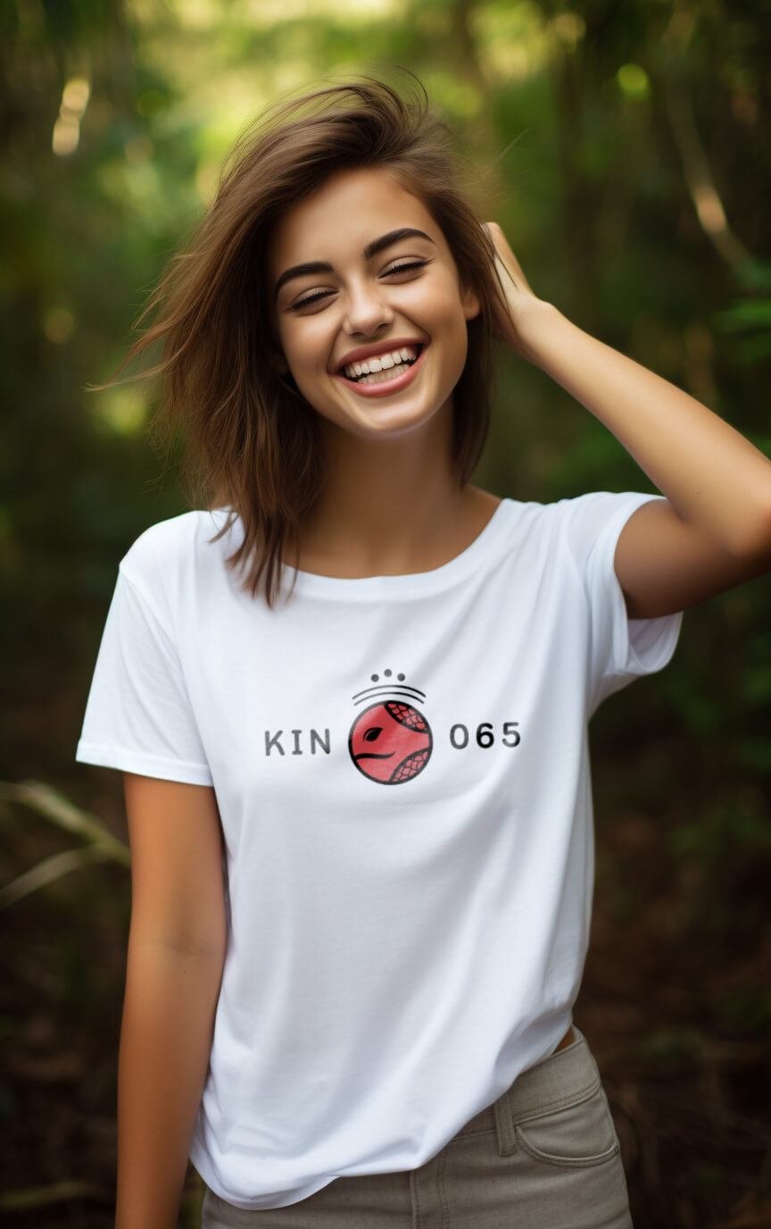 Camisa Feminina Branca Kin 065 - Serpente Cósmica Vermelha - Kin 65