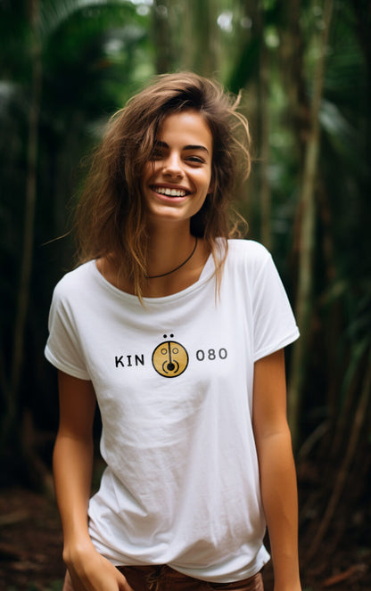 Camisa Feminina Branca Kin 080 - Sol Lunar Amarelo - Kin 80