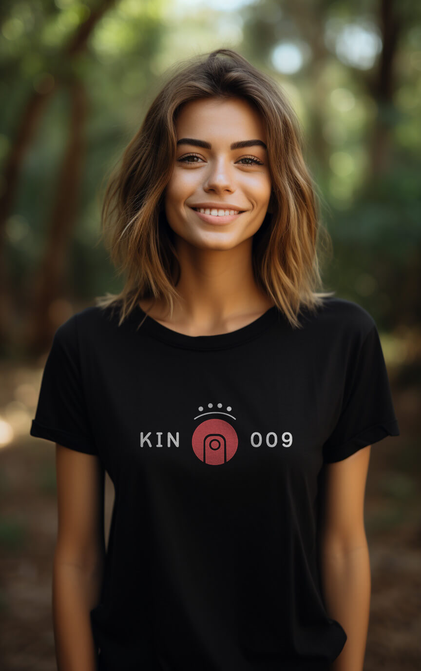 Modelo Humano Camisa Preta - Camisa Feminina Kin 009 - Lua Solar Vermelha - Kin 09 - Kin 9