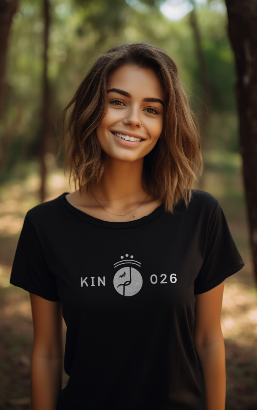 Modelo Humano Camisa Preta - Camisa Feminina Kin 026 - Enlaçador de Mundos Cósmico - Kin 26