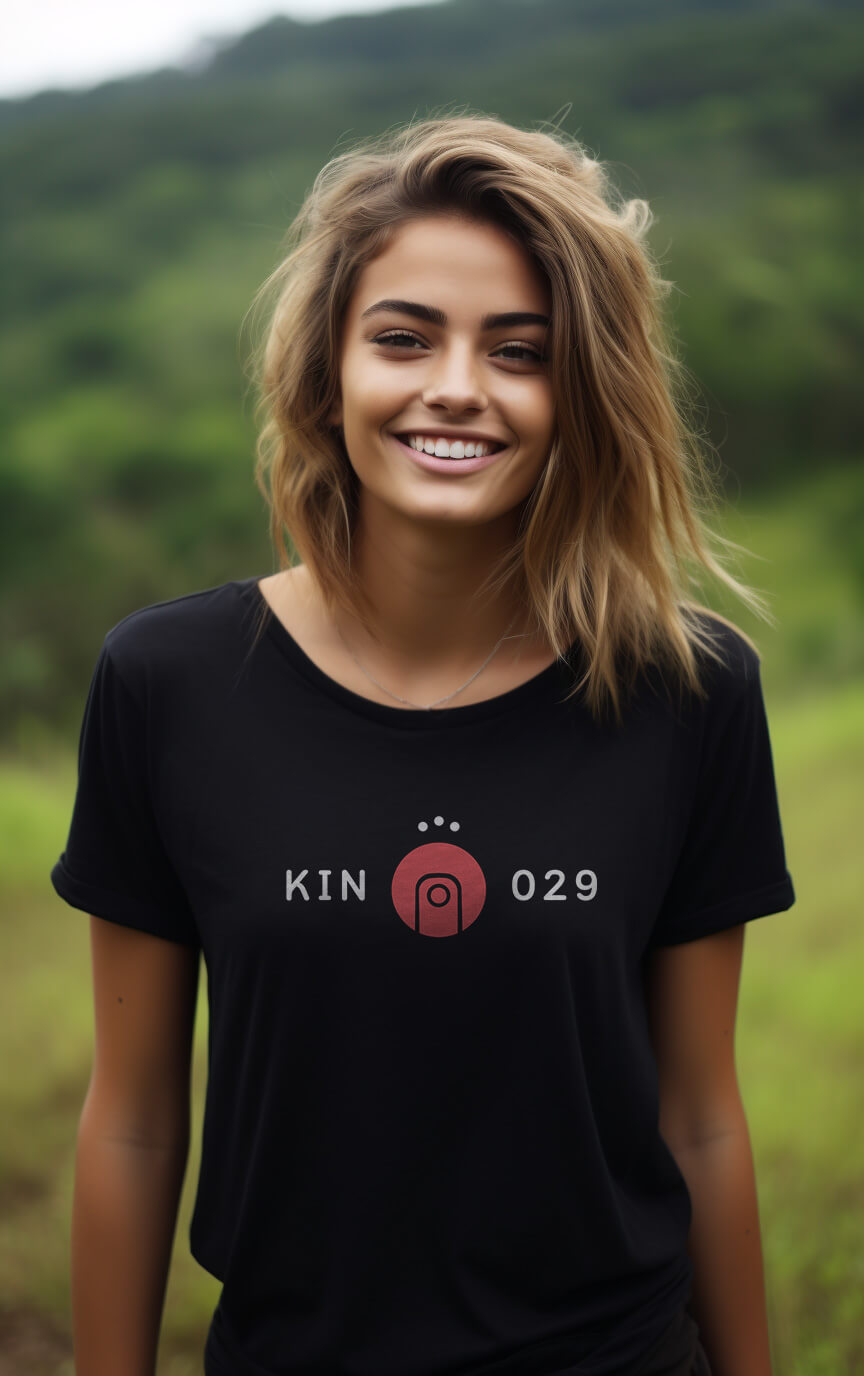 Modelo Humano Camisa Preta - Camisa Feminina Kin 029 - Lua Elétrica Vermelha - Kin 29